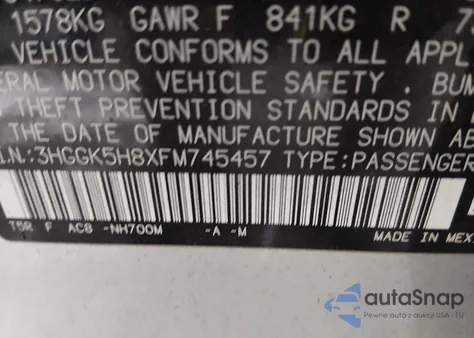 2015 Honda Fit Ex/Ex-L z USA, uszkodzony, nr VIN 3HGGK5H8XFM745457